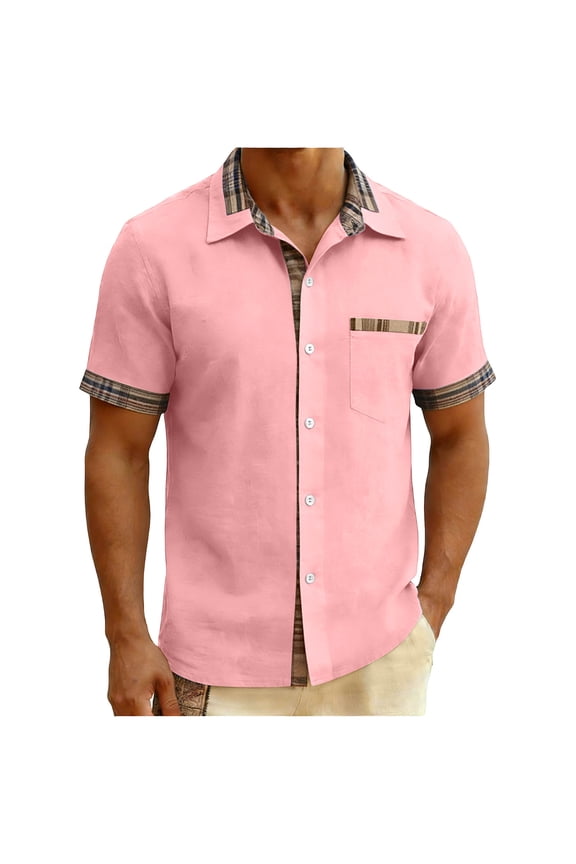 Mens Big and Tall T-Shirts, Short Sleeve Shirts for Men Summer Business Casaul Solid Color Plaid Patchwork Lapel Button Down Tshirts