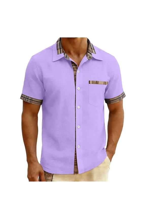 Mens Big and Tall T-Shirts, Short Sleeve Shirts for Men Summer Business Casaul Solid Color Plaid Patchwork Lapel Button Down Tshirts