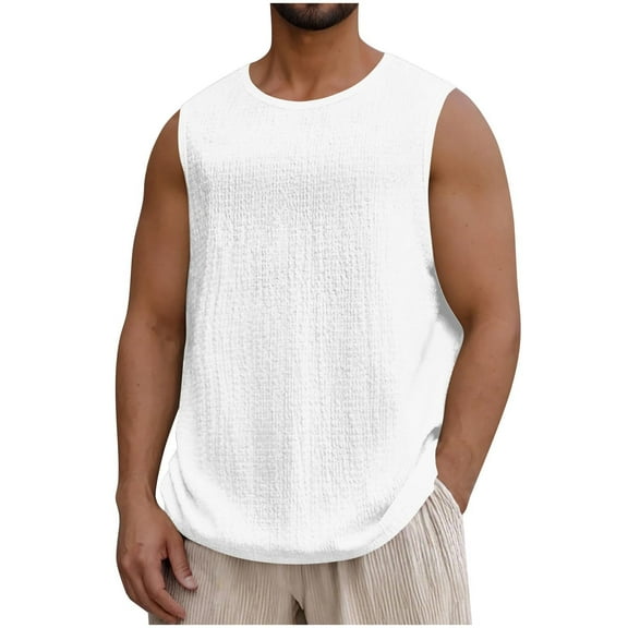 Mens Big and Tall Tank Tops, Sleeveless Shirts for Men Lightweight Casual Cotton Linen Solid Color Crewneck Workout Dressy Blouses