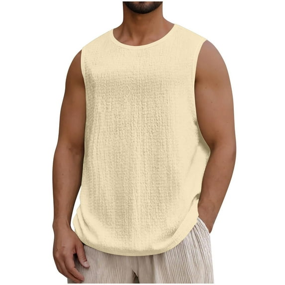 Mens Big and Tall Tank Tops, Sleeveless Shirts for Men Lightweight Casual Cotton Linen Solid Color Crewneck Workout Dressy Blouses