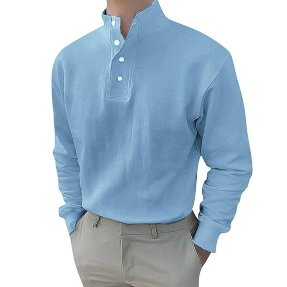Mens Big and Tall Tees Shirts M-5X Plus Size Long Sleeve Button Stand Collared Tops Casual Solid Color Relaxed Pullover Workwear T-Shirts