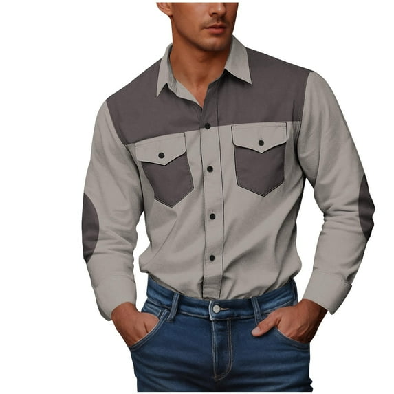 Mens Big and Tall Tops, Long Sleeve Shirts for Men Fall Dressy Casual Loose Fit Color Patchwork Lapel Button Down T-Shirts with Pockets