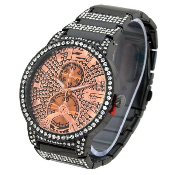 Mens Big black and rose gold CZ Clubbing watch 48mm 13mm thick case. CZ bezel , rose-gold dial, 2 nonfunctional sub-dial, 23mm wide black metal link bracelet with CZ fits 8.5 inches wrist.