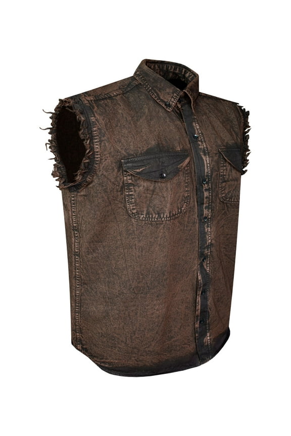 Mens Biker cut off Cotton Shirt Sleeveless Denim Shirt Cowboy Button Down Shirts with Front Pocket