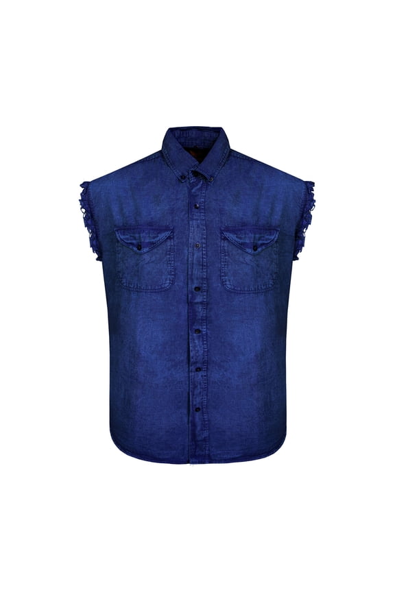 Mens Biker cut off Cotton Shirt Sleeveless Denim Shirt Cowboy Button Down Shirts with Front Pocket