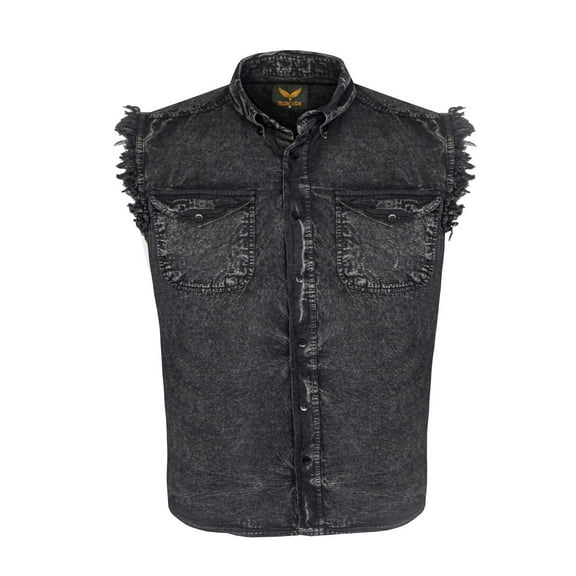 Mens Biker cut off Cotton Shirt Sleeveless Denim Shirt Cowboy Button Down Shirts with Front Pocket