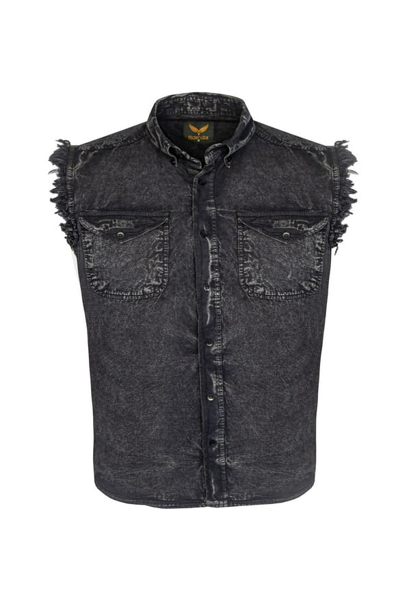 Mens Biker cut off Cotton Shirt Sleeveless Denim Shirt Cowboy Button Down Shirts with Front Pocket