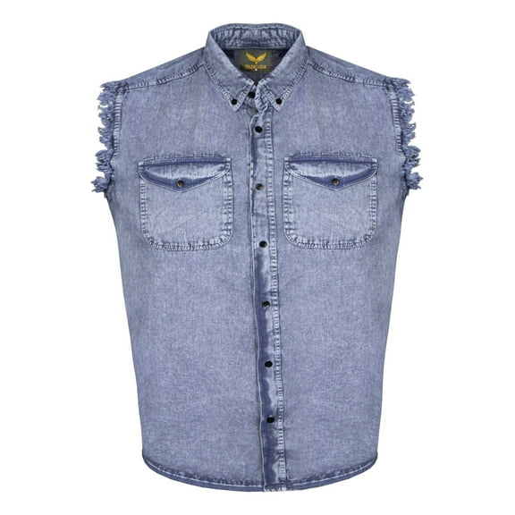 Mens Biker cut off Cotton Shirt Sleeveless Denim Shirt Cowboy Button Down Shirts with Front Pocket