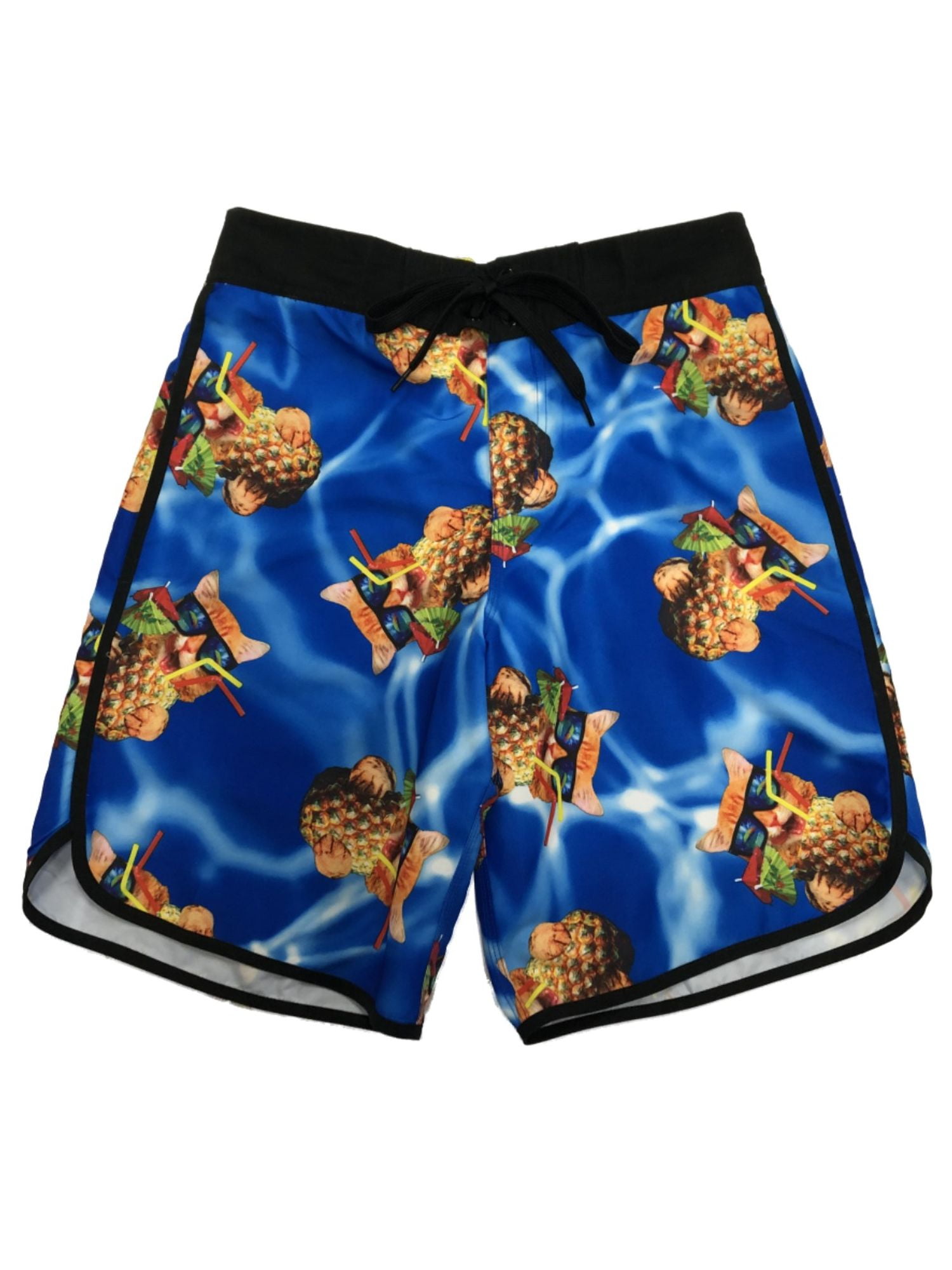 Mens Bioworld Blue Pineapple Drink Kitty Cat Swim Board Shorts