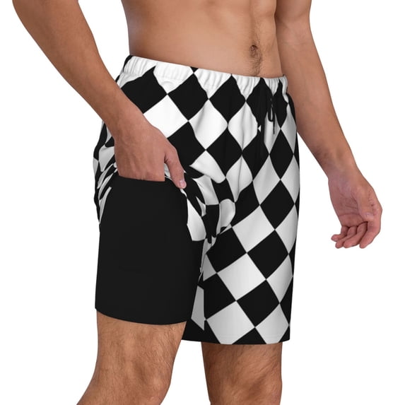 Mens Black And White Checkered 2 in 1 Quick Dry Swim Trunks with Compression Liner Beach Shorts