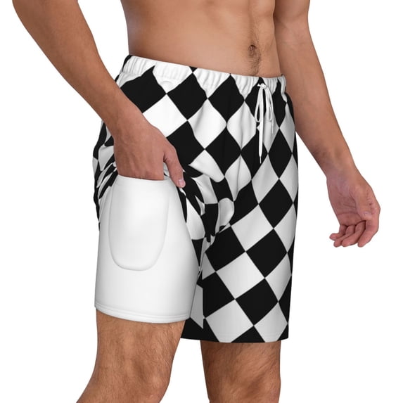 Mens Black And White Checkered 2 in 1 Quick Dry Swim Trunks with Compression Liner Beach Shorts