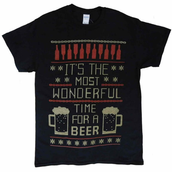 Mens Black Beer Time Fair Isle Christmas Holiday T-Shirt M
