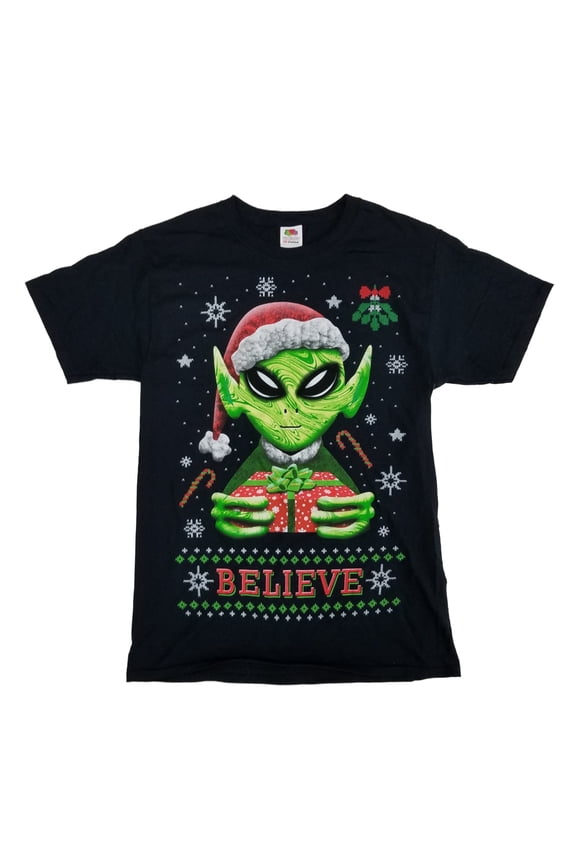 Mens Black Believe Space Alien Christmas Elf Holiday T-Shirt 2XL