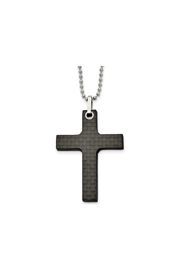 Mens Black Carbon Fiber Cross Pendant Necklace in Stainless Steel with Chain for Men