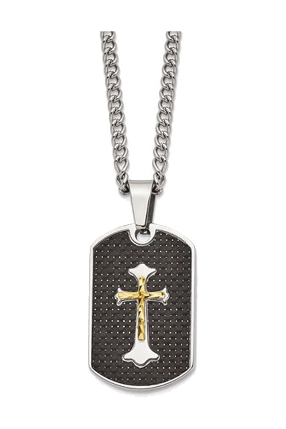 Mens Black Carbon Fiber Dog Tag Cross Pendant Necklace in Stainless Steel with Chain for Men