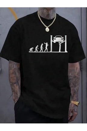 Mens Black Casual Short-Sleeve T-Shirt With Car Repair Evolution Graphic Print, 100% Cotton, Regular Fit Crew Neck
