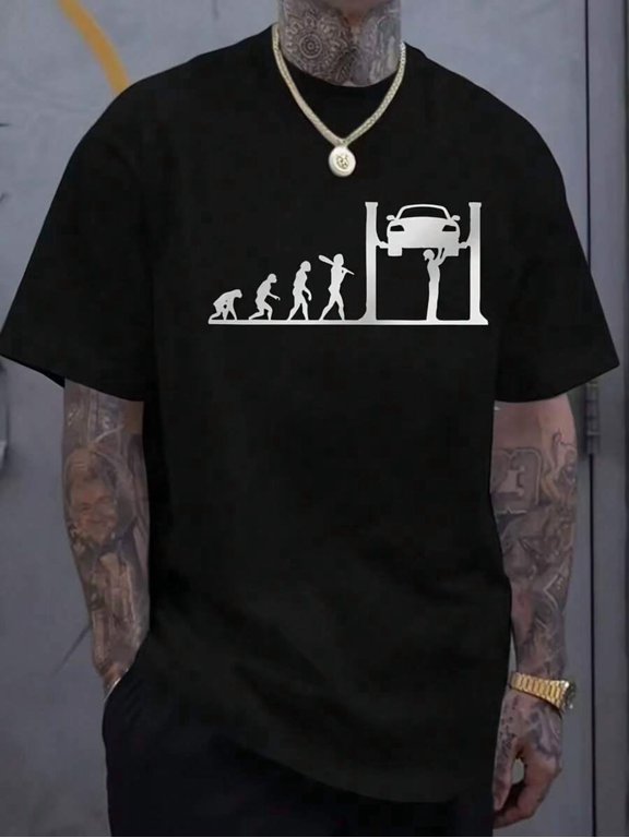 Mens Black Casual Short-Sleeve T-Shirt With Car Repair Evolution Graphic Print, 100% Cotton, Regular Fit Crew Neck
