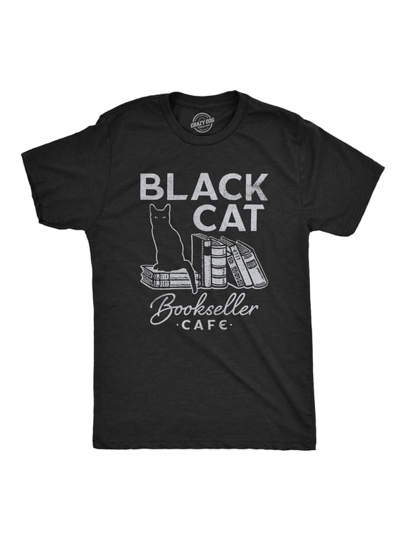 Mens Black Cat Bookseller Cafe T Shirt Funny Halloween Book Lovers Novelty Tee for Guys Graphic Tees