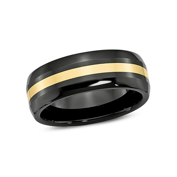 Mens Black Ceramic Wedding Band Ring 8mm with 14K Yellow Gold Inlay