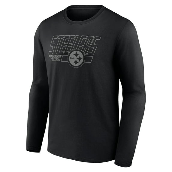 Mens Black Color Long Sleeve Cotton Crew Tee Tonal Slanted Short Name & Logo