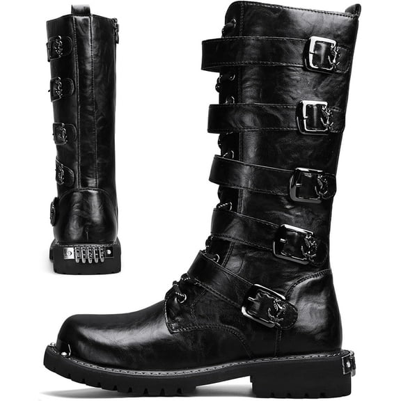 Mens Black Cool Style Eye Catching Buckle Closure High Top Leather Motorcycle Boots Waterproof anti slip Wear Resistant Durable Stitching Shoes Body Lightweight And Soft Shoes