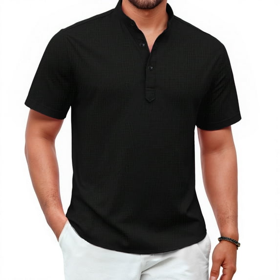 Mens Black Cotton Linen Henley Shirts Casual Short Sleeve Beach Tee with Band Collar for Vacation