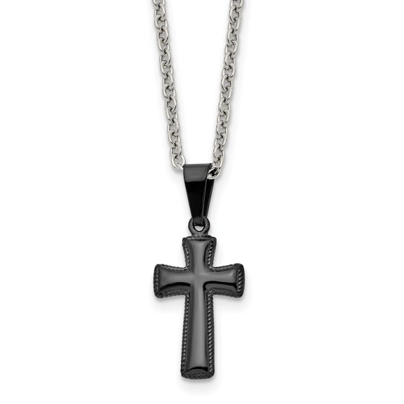 Mens Black Cross Pendant Necklace with Textured Edge on Silver Chain Modern Steel Spiritual Jewelry Sleek High-Polish Design Minimalist Statement Accessory Contemporary Bold Look for Daily Wear