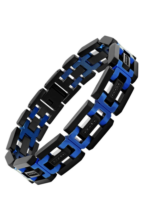 Mens Black Cubic Zirconia and Two-Tone Stainless Steel Link Bracelet