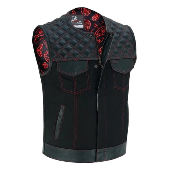 LESA COLLECTION Black Denim, Collar Less Motorcycle Jacket for S-6XL