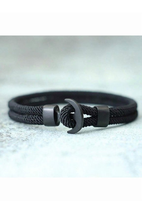 Mens Black Double-Layer Nautical Anchor Bracelet Cord Style