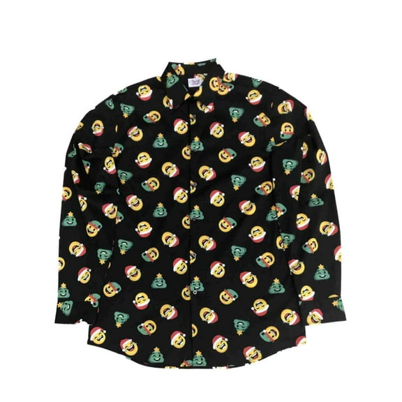 Mens Black Emoji Santa Elf Christmas Long Sleeve Button Dress Shirt 3XLT