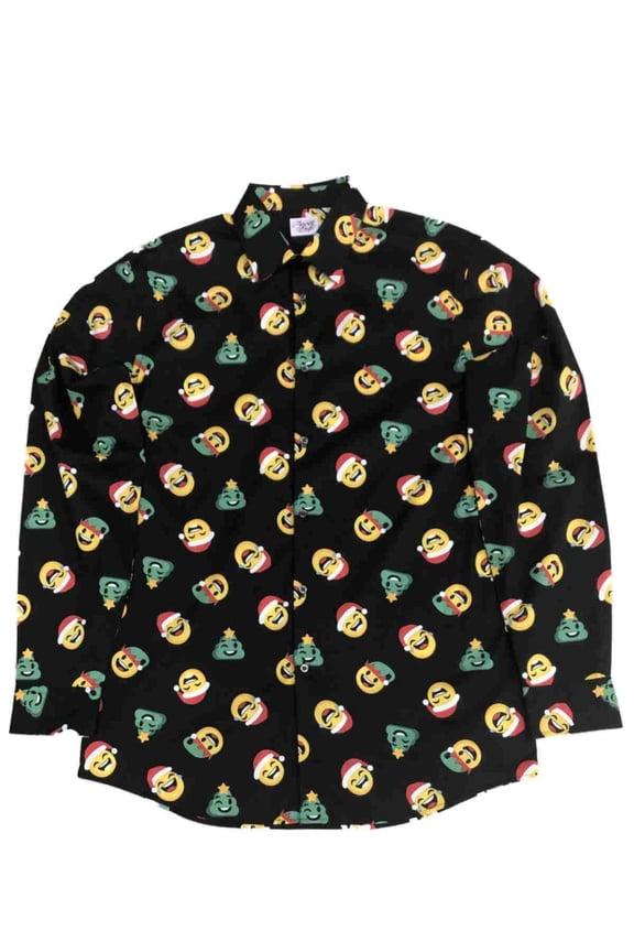 Mens Black Emoji Santa Elf Christmas Long Sleeve Button Dress Shirt Large Tall