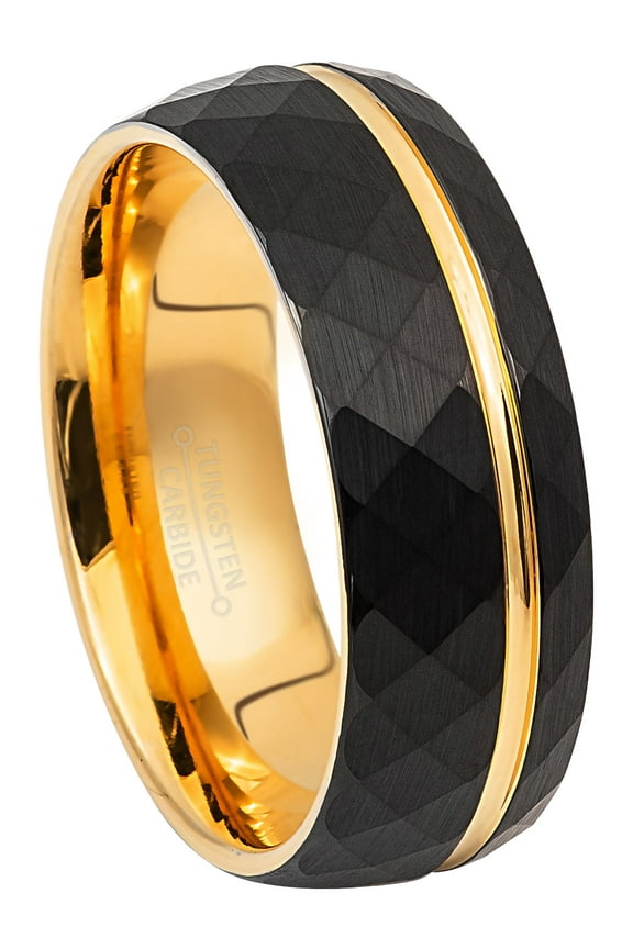 Mens Black & Gold Faceted Tungsten Carbide Wedding Band - 8mm Comfort Fit Trim Grooved Dome Tungsten Anniversary Ring #860s12