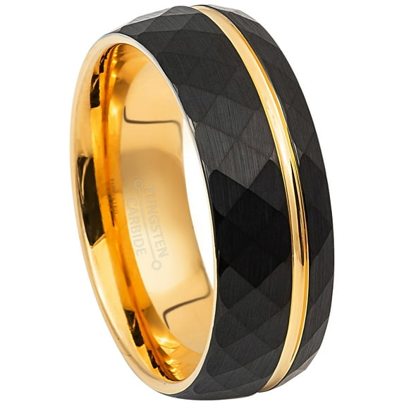 Mens Black & Gold Faceted Tungsten Carbide Wedding Band - 8mm Comfort Fit Trim Grooved Dome Tungsten Anniversary Ring #860s12