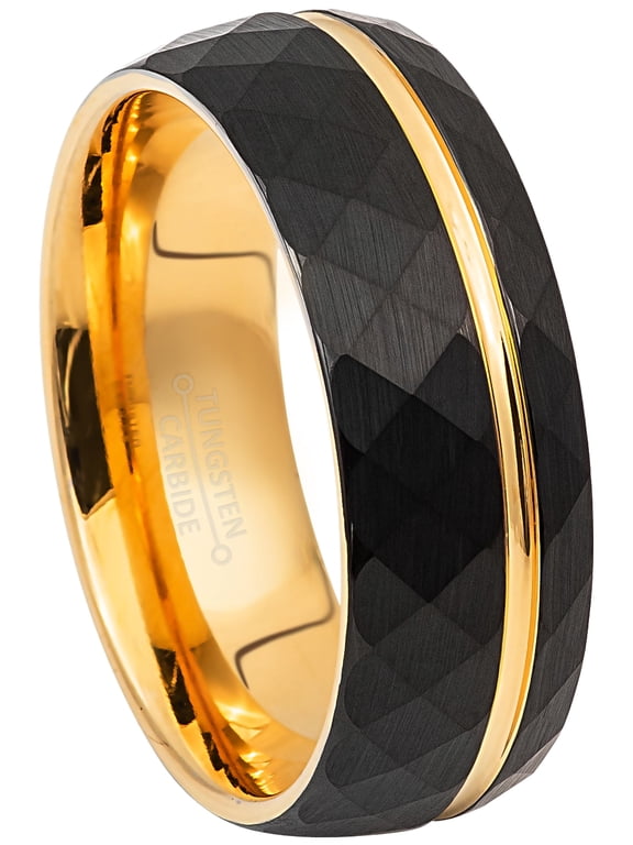 Mens Black & Gold Faceted Tungsten Carbide Wedding Band - 8mm Comfort Fit Trim Grooved Dome Tungsten Anniversary Ring #860s7.5