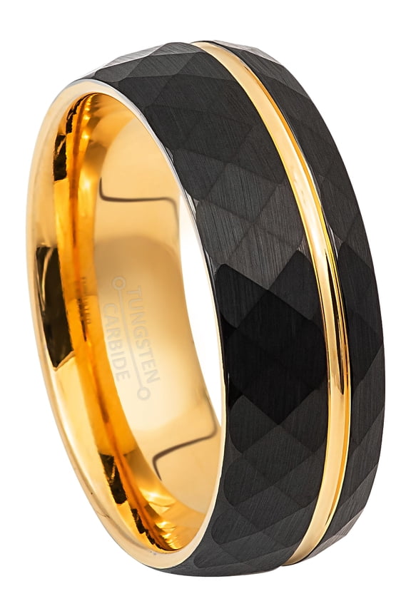 Mens Black & Gold Faceted Tungsten Carbide Wedding Band - 8mm Comfort Fit Trim Grooved Dome Tungsten Anniversary Ring #860s7