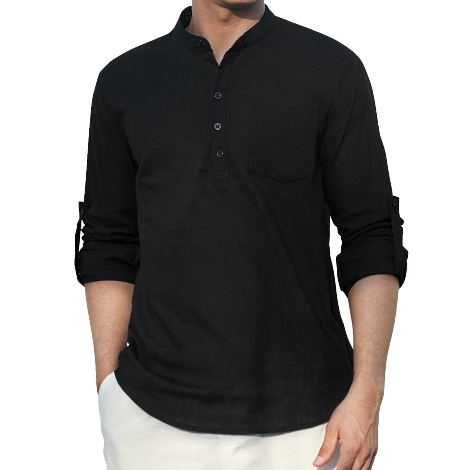 Mens Linen Shirts Cotton Henley Tops Casual Band Collar Long Sleeve Basic Tee Summer Beach White M