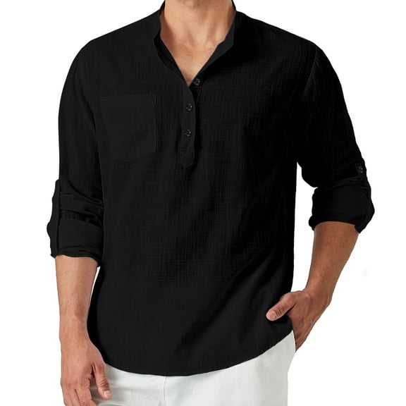 Mens Black Linen Henley Shirt Casual Long Sleeve Cotton Top Band Collar Hippie Tee for Summer