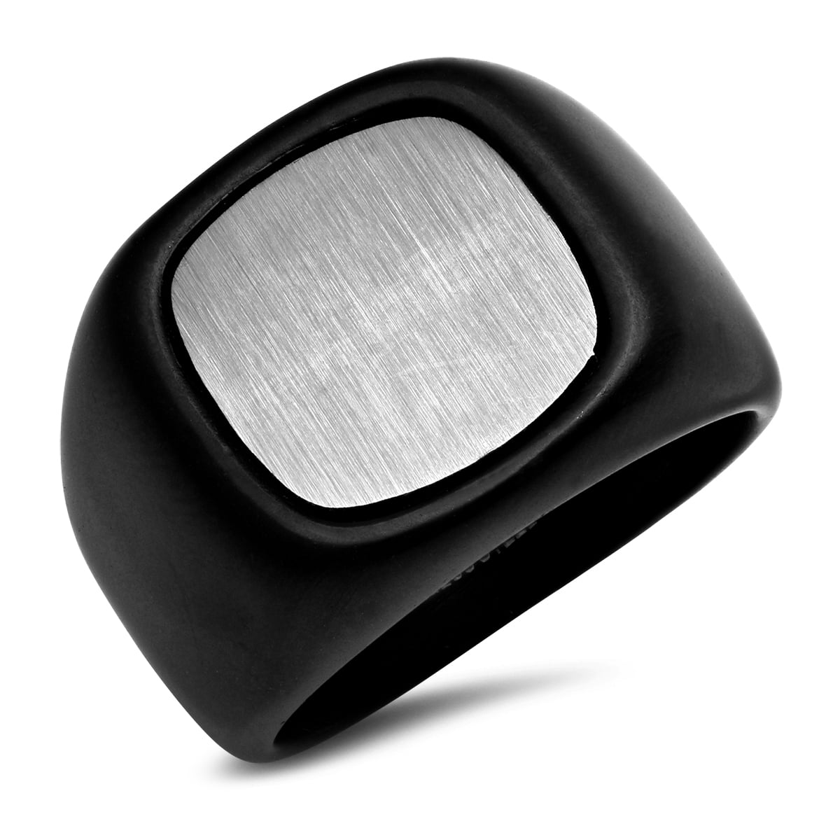 Mens Black IP Ring With Silver Toned Accented Stone