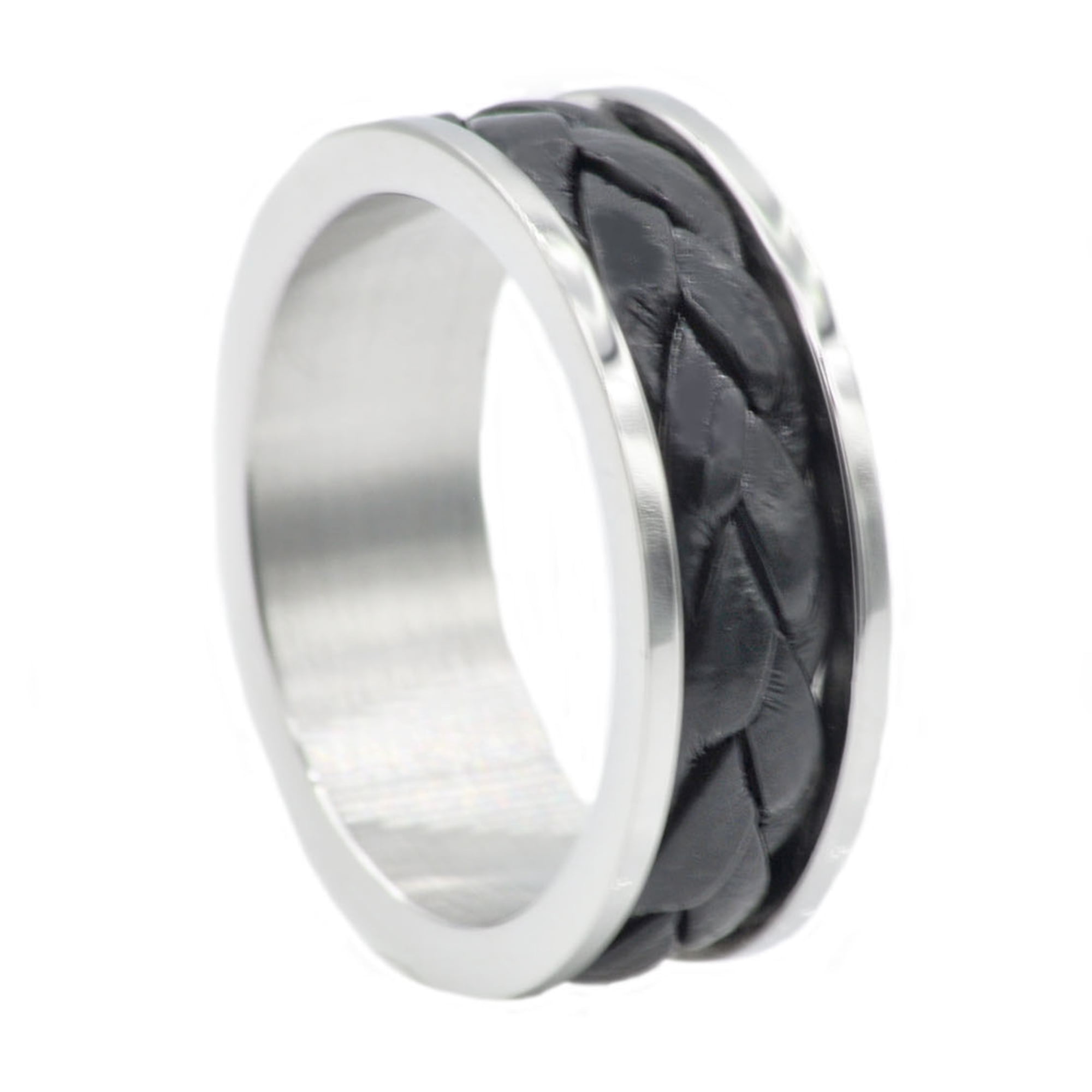 Mens Black Leather And Stainless Steel Band.