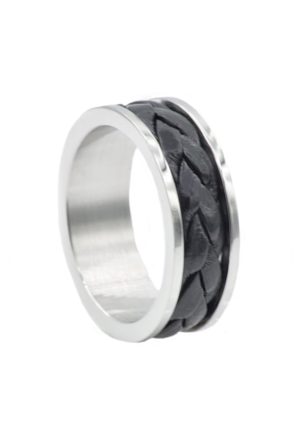 Mens Black Leather And Stainless Steel Band.
