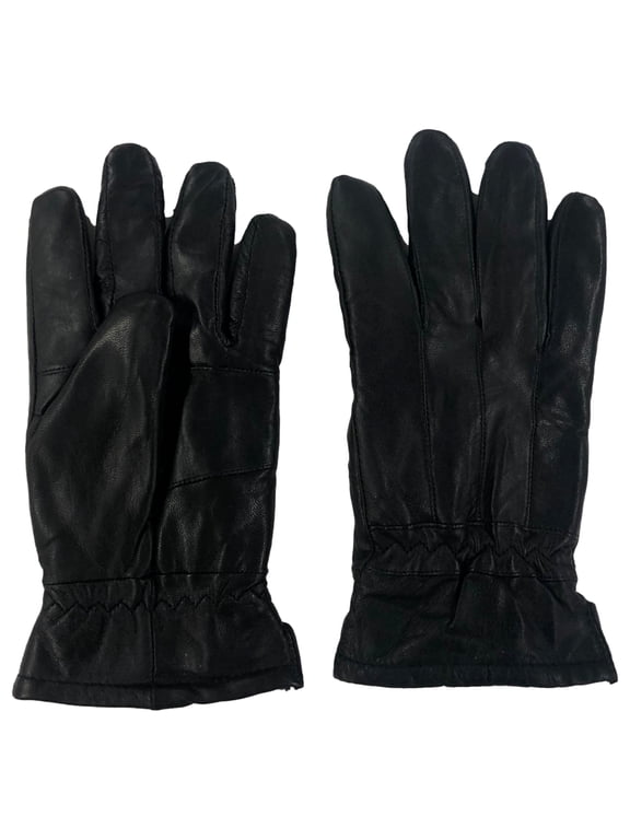 Mens Black Leather Gloves with Plush Lining & Gathered Wrist Medium