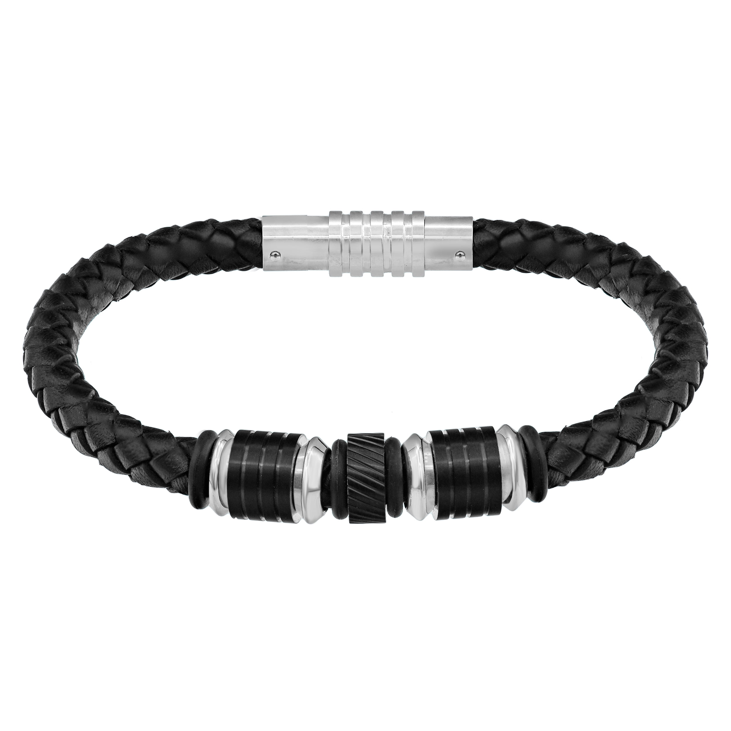 Mens Black Leather Stainless Steel Bracelet