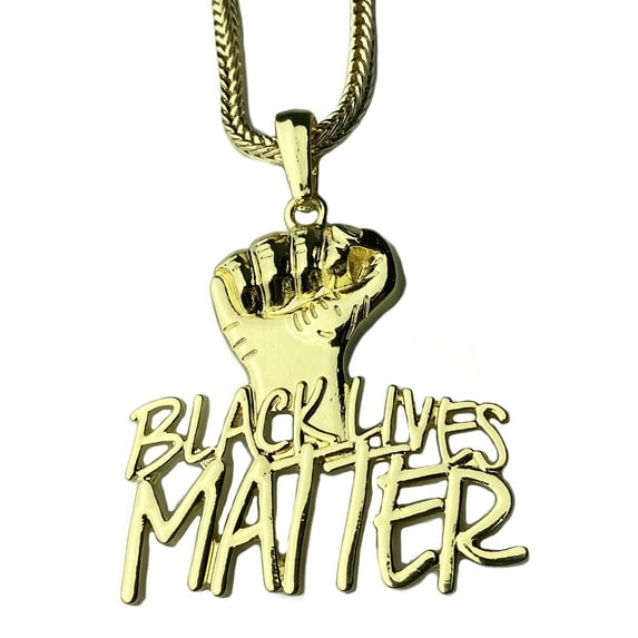 Mens Black Lives Matter Power Fist Plain Pendant Gold Finish Franco Chain Necklace 36" inch Long