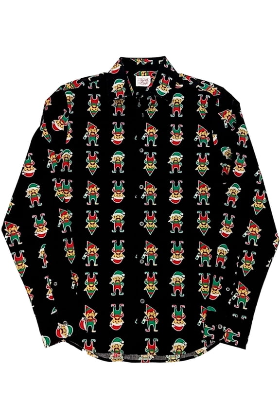 Mens Black Long Sleeve Button Down Macho Mustache Elf Holiday Dress Shirt Large