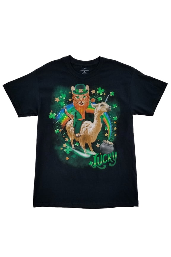 Mens Black Lucky Leprecat Llamacorn Clover Rainbow St. Patrick's Day T-Shirt XXL