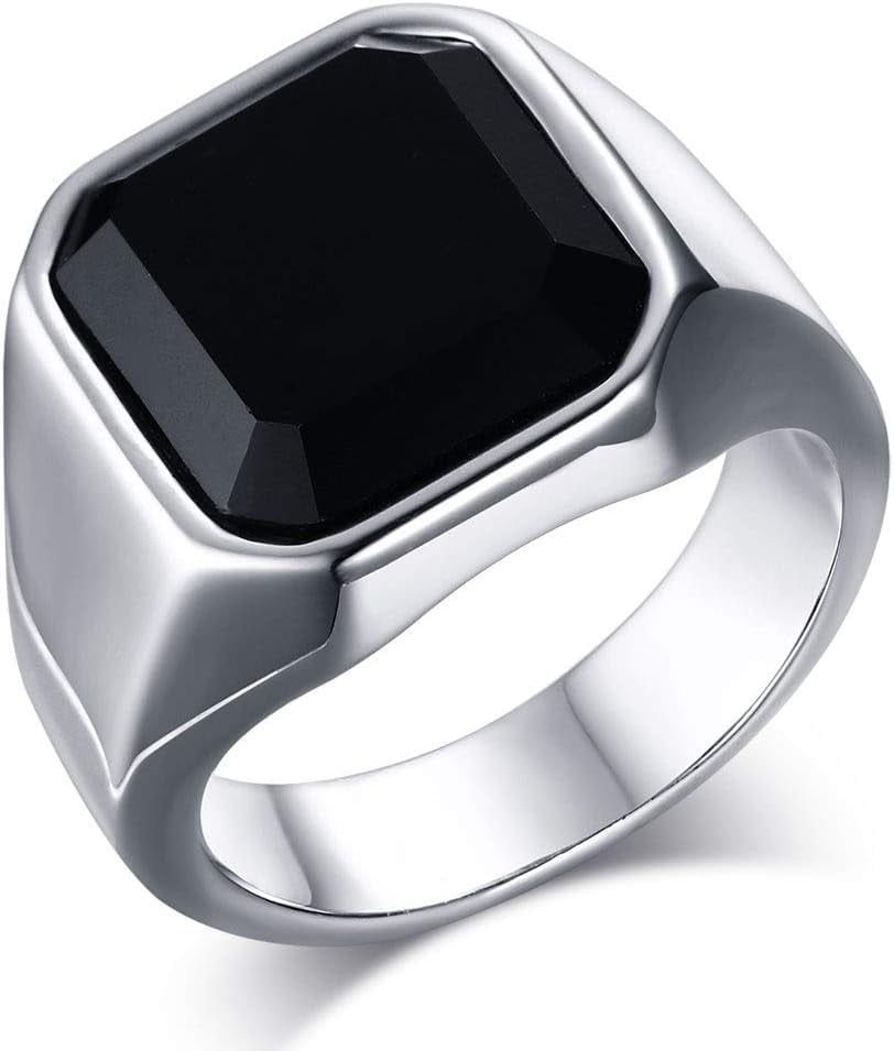 Mens Black Onyx Ring Stainless Steel Square Onyx Logo Ring Men, Pink