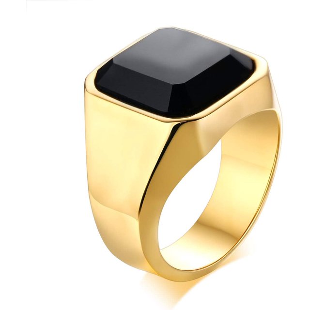 Mens Black Onyx Ring Stainless Steel Square Onyx Logo Ring Men, Pink