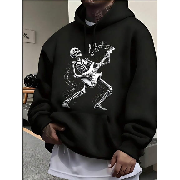 Mens Black Oversized Graphic Halloween Hoodies Sweatshirts Fall Fashion 2025 Pullover Sweaters Winter Casual Clothes  Skeleton Playing Guitar With Music Notes Men's Letter & Graphic Print Long Sleeve