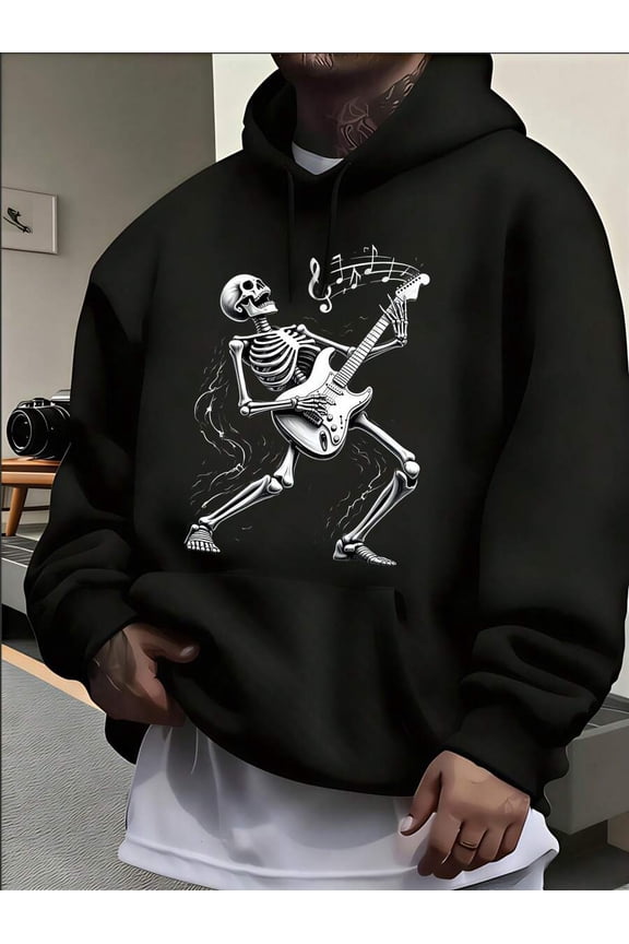Mens Black Oversized Graphic Halloween Hoodies Sweatshirts Fall Fashion 2025 Pullover Sweaters Winter Casual Clothes Skeleton Playing Guitar With Music Notes Men's Letter & Graphic Print Long Sleeve